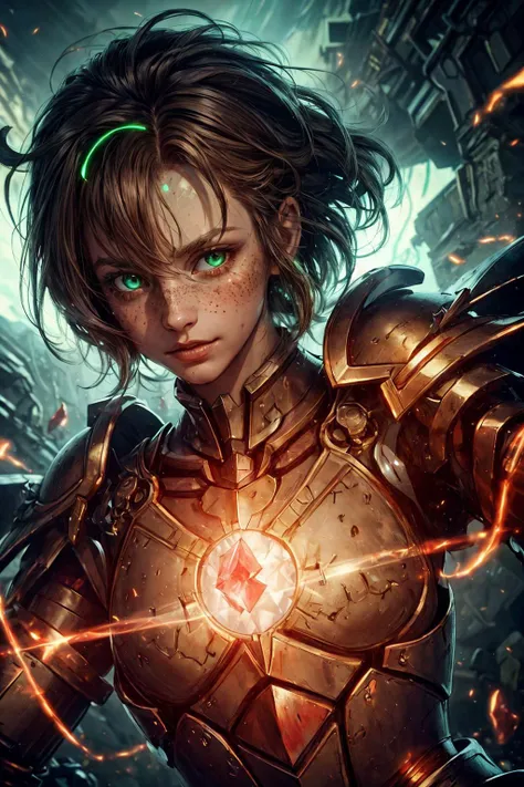 (best quality, masterpiece:1.2), 8k detailed cgi render, thick outlines, strong shadows, <lora:add_detail:0.75>,
1 girl, adult (elven:0.7) woman, freckles, green eyes, dark brown quiff hair,
portrait, solo, upper body, looking at viewer, detailed background, detailed face, (<lora:GlowingRunesAIV3:0.6>, GlowingRunesAI_red theme:1.1), glass-cyborg, (made of glass:1.1), glass construct, fighter, gemstone armor, dirty glass, power source, magical symbols, mystic power, wind, crater in background, epic atmosphere,
<lora:_rL2170:0.4>,