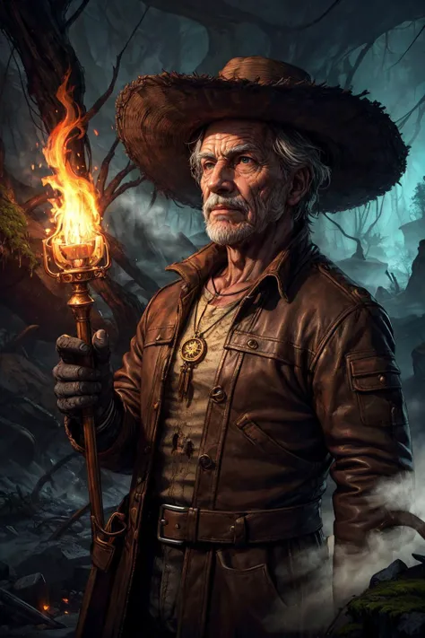 (best quality, masterpiece:1.2), photorealistic, thick outlines, strong shadows, <lora:add_detail:0.75>,
(1man, wrinkled face, old czech male:1.2), frail, grey eyes, graying hair, french crop,
solo, half shot, detailed background, detailed face, (<lora:PunkBundleAI:0.4>, cogpunkai, cogpunk theme:1.1), adventurer, spelunking, frayed leather clothes, coat, wide brim hat, artifact amulet, holster, gloves, (leather pouches:0.4), flaming torch, dark cave background, moss, mold, dust, remains of ancient civilization, dark cinematic atmosphere, mist,
<lora:_rL2170:0.4>,