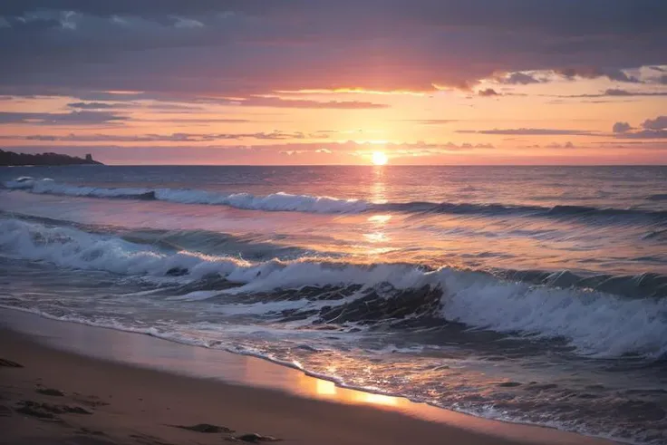 absurdres, highres, ultra detailed,no human,no female
BREAK
View of the beach near the sea, Focus on the surface of the water, sunset light, <lora:_L2090:1>