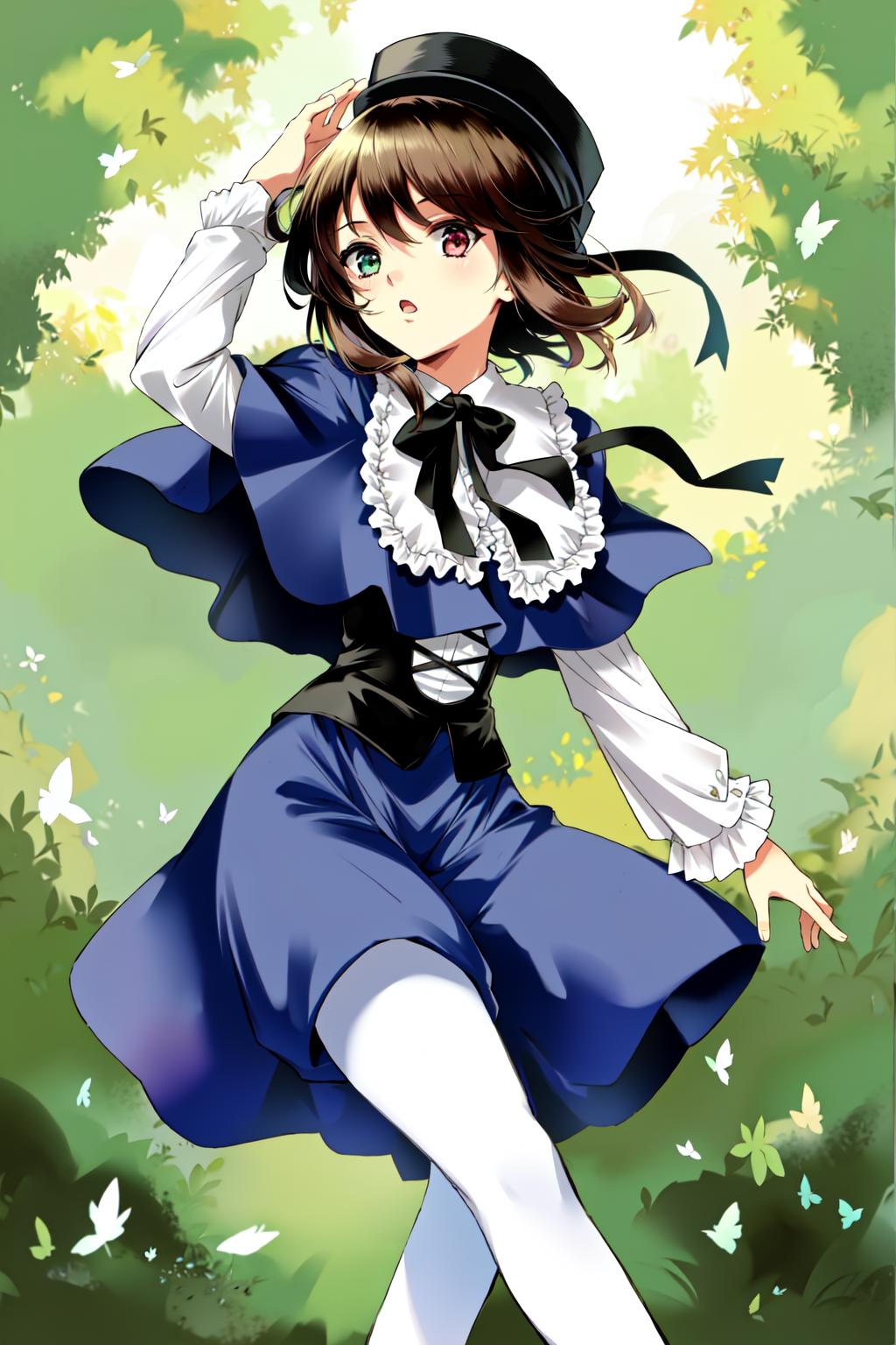 A woman in a blue dress and hat is dancing in the grass - SeaArt AI