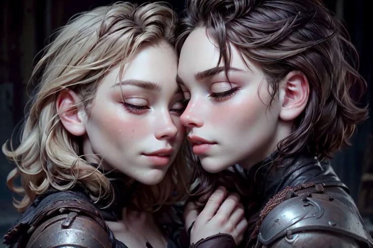 photorealistic, highres, masterpiece, bloom, photo shoot, bright cinematic lighting, adult, perfect skin, adult, stunning, lesbian, 2girl,kinky, embraced girls, closed eyes, hug, passionate, touching, tongue, mouth open, beautiful (eliselastnamesd15), elf, smirk, playful, (detailed face:1.1), full armor, full body, gauntlets, gloves, hood, male focus, pauldrons, shoulder armor, solo, solo focus, standing,
<lora:LIGHTING_epiNoiseoffset_v2:0.25>
<lora:Lighting_LowRA(dark theme):0.15>
<lora:add_more_details:0.5>
<lora:FACE_detailed_eye_V2:0.75>
<lora:RSERomantic_RSESofiko_RSEEmma-v1:0.3>, (rseemma:1.1),
<lora:FACE_lora_perfecteyes_v1_from_v1_160:0.7> perfecteyes eyes,
<lora:FACE_epiCRealismHelper:0.5>
<lora:FACE_epiCRealismHelper:0.5>
<lora:GoodHands-vanilla:1> nice hands, perfect hand, (closed fist, gloves, holding dagger:1.1)
<lora:STYLE_3DMM_V11:0.7>
<lora:delicate_armor_V2:0>
<lora:npmathilda:0.8>(kiss, yuri:1)