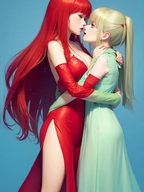 red girls, scale, (clear eyes), long dress, flat breasts, , , kiss, yuri, looking at each other, hug, passionate, touching, tongue, mouth open <lora:yurikiss:1>