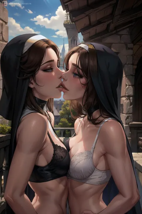 beautiful, (masterpiece:1.2), (best quality:1.2), perfect lighting, perfect eyes, perfect face, 2girls, mature female, nun, nun's habit, nun's veil, brunette, bare shoulders, blush, large breasts, cleavage, collarbone, asymmetrical docking, naked, white lingerie bra, white bridal lingerie, medieval landscape, upper body, balcony, day, sunlight, yuri, kiss, <lora:Luminyu LoRA:0.7>,<lora:yurikiss:0.7>