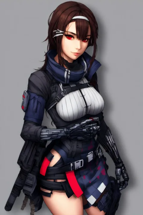 best quality, highres, 1girl, js9 \(marigold\),
red eyes, mechanical arms, prosthetic arm,
white kimono, (soft breasts:0.6), blue skirt, 
masterpiece, absurdres, <lora:js9al:0.75>,