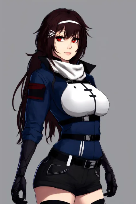 best quality, highres, 1girl, highres, js9,
red eyes, blue jacket, grey scarf, white shirt, tight clothes, short shorts, uneven legwear, framed breasts, thighhighs, full body,
masterpiece, absurdres, <lora:js9al:0.75>,