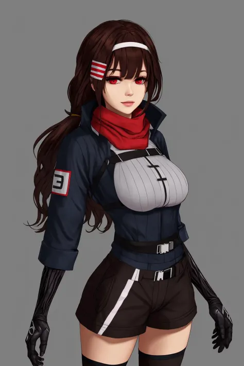 best quality, highres, 1girl, highres, js9,
red eyes, blue jacket, grey scarf, white shirt, tight clothes, short shorts, uneven legwear, framed breasts, thighhighs, full body,
masterpiece, absurdres, <lora:js9al:0.75>,