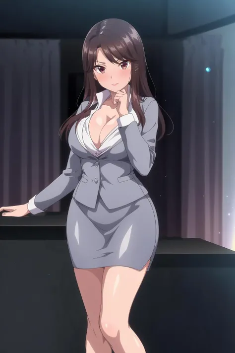 <lora:é·ååå1V:0.8>,é·ååå,1girl,solo,lips,long hair,brown hair,brown eyes,bangs,mature female,
cleavage,long sleeves,collared shirt,white shirt,pencil skirt,skirt suit,grey skirt,office lady,standing,, Exquisite visuals, high-definition,masterpiece,best quality,, 18yo,Young female,Beautiful Fingers,Beautiful long legs,Beautiful body,Beautiful Nose,Beautiful character design, perfect eyes, perfect face,expressive eyes,
looking at viewer,
official art,extremely detailed CG unity 8k wallpaper, perfect lighting,Colorful, Bright_Front_face_Lighting,shiny skin,
(masterpiece:1.0),(best_quality:1.0), ultra high res,4K,ultra-detailed,
photography, 8K, HDR, highres, absurdres:1.2, Kodak portra 400, film grain, blurry background, bokeh:1.2, lens flare, (vibrant_color:1.2), (beautiful_face:1.5),(narrow_waist), ,NSFW,