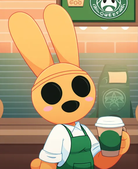 score_9, score_8_up, score_7_up, score_6_up, score_5_up, score_4_up, source_furry, vigme, rsl, coco \(animal crossing\), animate inanimate, gyroid, lagomorph, leporid, mammal, rabbit, anthro, biped, clothed, clothing, empty eyes, female, noseless, open mouth, green clothing, white shirt, dress, solo, standing, topwear, (detailed background:1.1), looking at viewer, (simple eyes, simple face:1.2), (coffee shop:1.2), happy, smile, (à²  à² :1.2), smile, happy, excited
<lora:coco_pdxl:1>