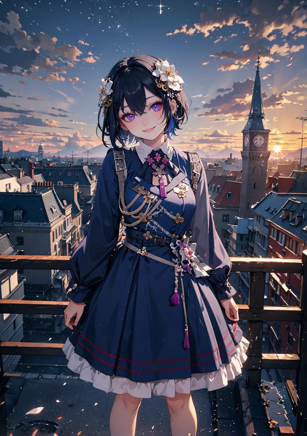 (masterpiece,best quality:1), high resolution, Front face lighting
1girl, full body, little body, cute woman, highlight, fantasy scenery,
smile, head tilt,
shiny skin, shiny hair, large breasts,
ichinose uruha. purple eyes, multicolored hair, black hair, blue hair, streaked hair, piercing,
ccuruha, short hair, multicolored hair, hair flower, hair ornament, neck ribbon, multicolored dress, grey dress, long sleeves, frills, tassel
outdoors, fantasy scenery, sky, cloud, building, lamppost, sunset, cloudy sky, city, star (sky), tree, cityscape, starry sky, night, tower,
<lora:ichinose_uruha_v1:0.7>
<lora:light powder:0.7>