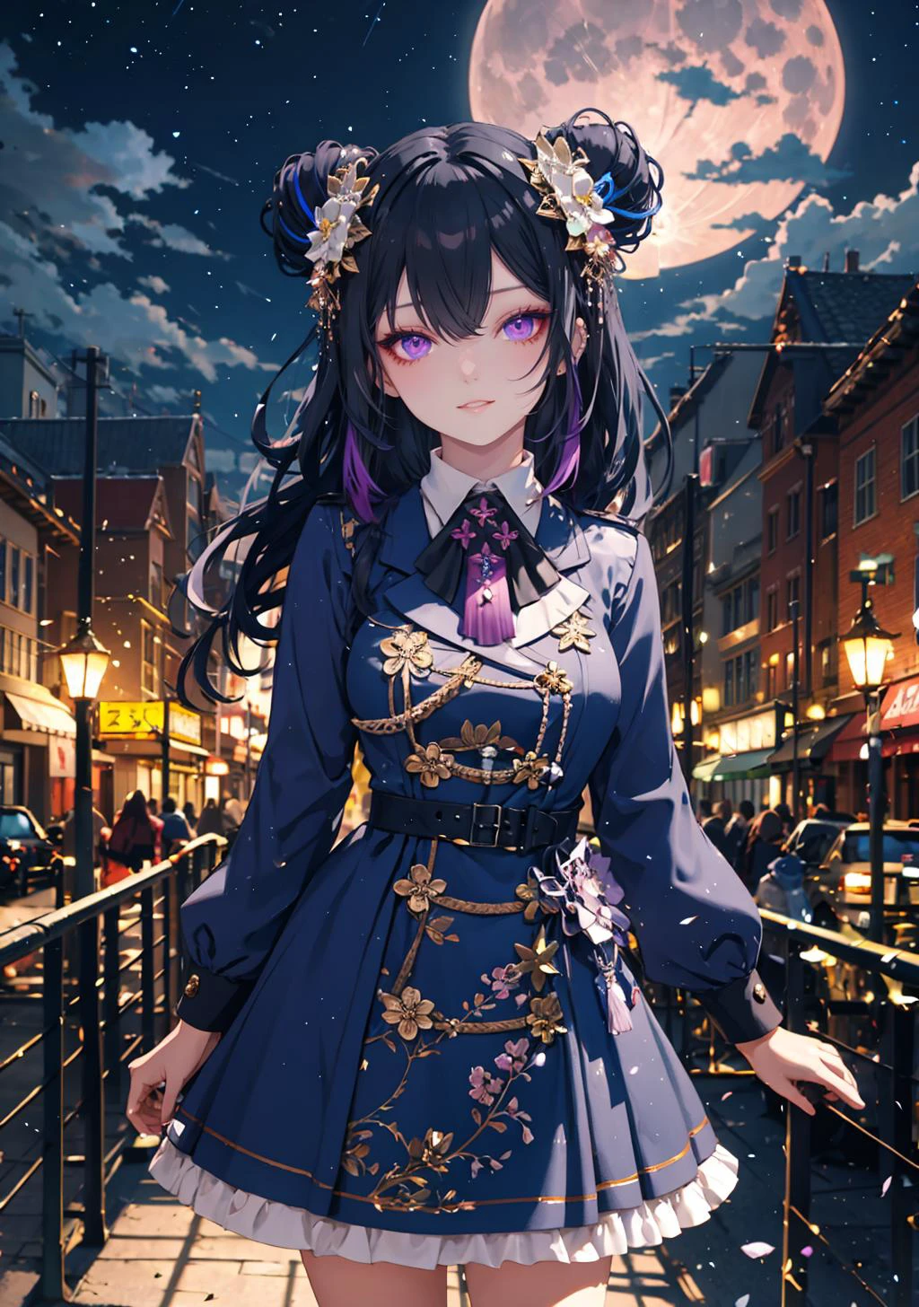 (masterpiece,best quality:1), high resolution, Front face lighting
1girl, full body, little body, cute woman, highlight, fantasy scenery,
winking,
shiny skin, shiny hair, large breasts,
ichinose uruha. purple eyes, multicolored hair, black hair, blue hair, streaked hair, piercing,
ccuruha, long hair, multicolored hair, double bun, hair flower, hair ornament, neck ribbon, multicolored dress, grey dress, long sleeves, frills, tassel
outdoors, fantasy, scenery, sky, cloud, starry sky, moon, night, fantasy, night sky, city, building, cloudy sky, cityscape, sunset, tower, shooting_star, magic circle,
<lora:ichinose_uruha_v1:0.7>
<lora:light powder:0.7>