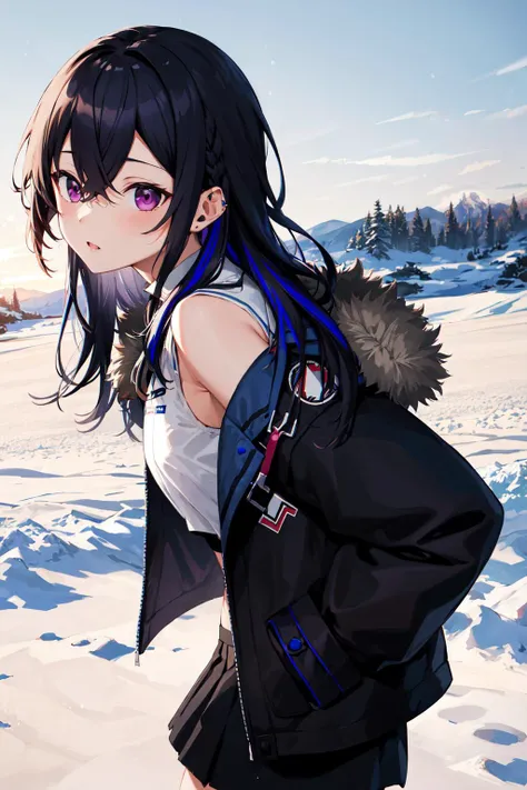 masterpiece, best quality, highres, bburuha, long hair, multicolored hair, ear piercing, sleeveless shirt, white shirt, black jacket, fur trim, off shoulder, long sleeves, open clothes, midriff, black skirt, <lora:ichinose_uruha_v1:0.8>, snow, field, from side,