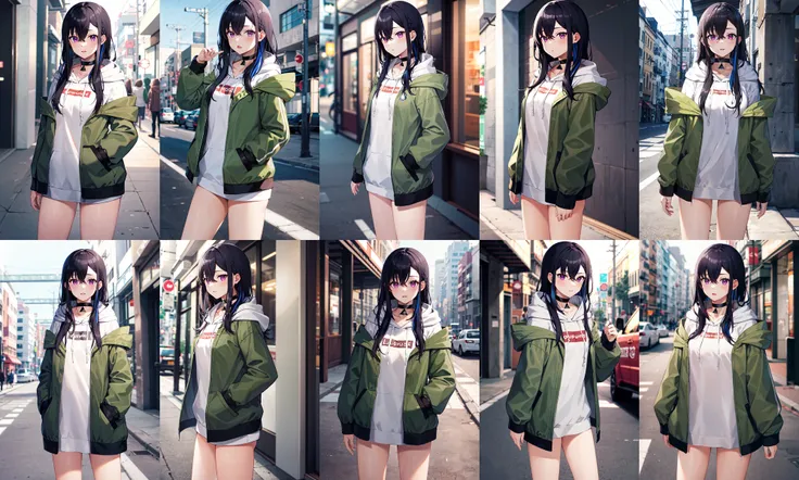 masterpiece, best quality, highres, aauruha, long hair, multicolored hair, black choker, white hoodie, hood down, green jacket, open jacket, bottomless, <lora:ichinose_uruha_v1:0.8>, standing, cowboy shot, street