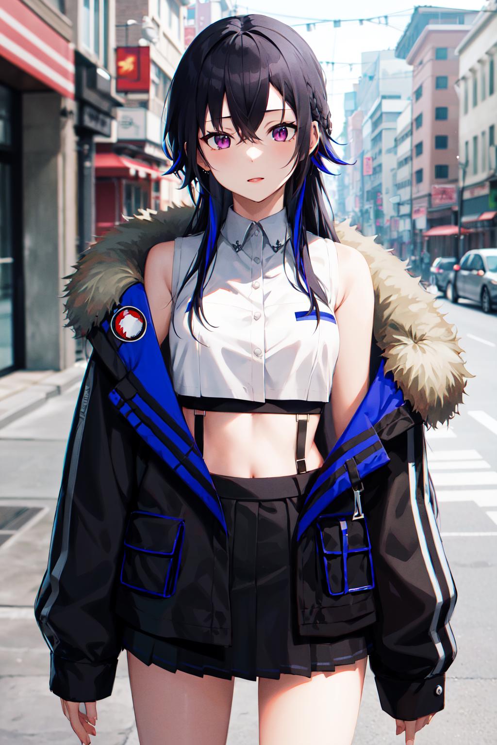 Anime girl in a short skirt and jacket on a city street - SeaArt AI