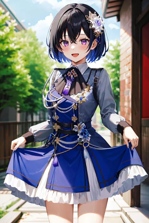 masterpiece, best quality, highres, ccuruha, short hair, multicolored hair, hair flower, hair ornament, neck ribbon, multicolored dress, grey dress, long sleeves, frills, tassel, <lora:ichinose_uruha_v1:0.8>, open mouth, smile, cowboy shot, skirt hold,