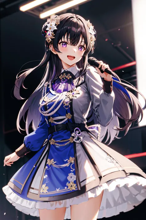 masterpiece, best quality, highres, ccuruha, long hair, multicolored hair, double bun, hair flower, hair ornament, neck ribbon, multicolored dress, grey dress, long sleeves, frills, tassel, <lora:ichinose_uruha_v1:0.8>, standing, cowboy shot, stage, holding microphone, smile, open mouth,
