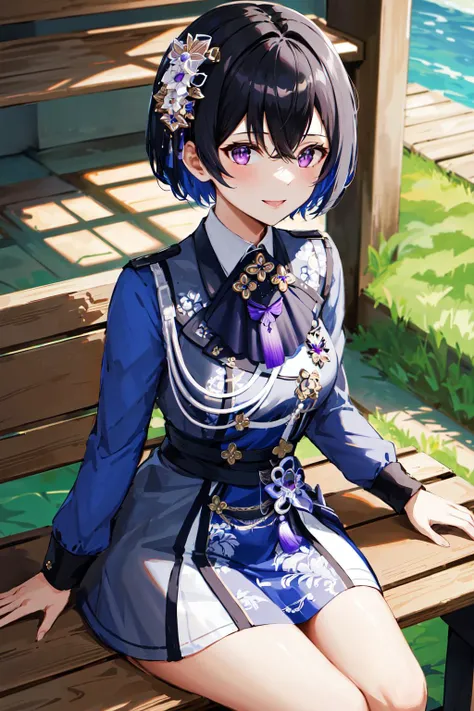 masterpiece, best quality, highres, ccuruha, short hair, multicolored hair, hair flower, hair ornament, neck ribbon, multicolored dress, grey dress, long sleeves, frills, tassel, <lora:ichinose_uruha_v1:0.8>, sitting, bench, smile