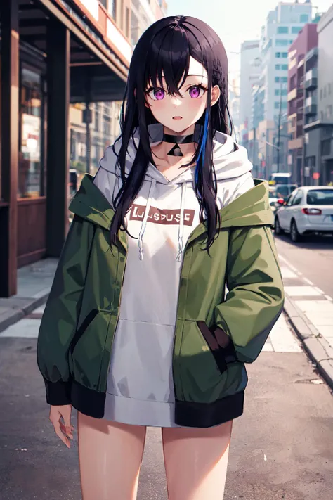 masterpiece, best quality, highres, aauruha, long hair, multicolored hair, black choker, white hoodie, hood down, green jacket, open jacket, bottomless, <lora:ichinose_uruha_v1:0.8>, standing, cowboy shot, street