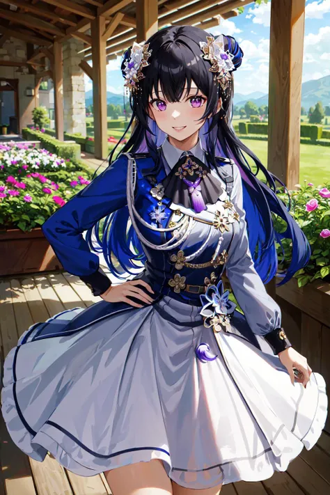 masterpiece, best quality, highres, ccuruha, long hair, multicolored hair, double bun, hair flower, hair ornament, neck ribbon, multicolored dress, grey dress, long sleeves, frills, tassel, <lora:ichinose_uruha_v1:0.8>, garden, smile, hand on hip, cowboy shot,