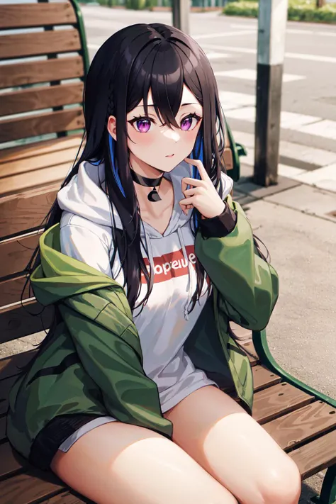 masterpiece, best quality, highres, aauruha, long hair, multicolored hair, black choker, white hoodie, hood down, green jacket, open jacket, bottomless, <lora:ichinose_uruha_v1:0.8>, outdoors, sitting, bench,