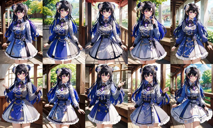 masterpiece, best quality, highres, ccuruha, long hair, multicolored hair, double bun, hair flower, hair ornament, neck ribbon, multicolored dress, grey dress, long sleeves, frills, tassel, <lora:ichinose_uruha_v1:0.8>, standing, cowboy shot,