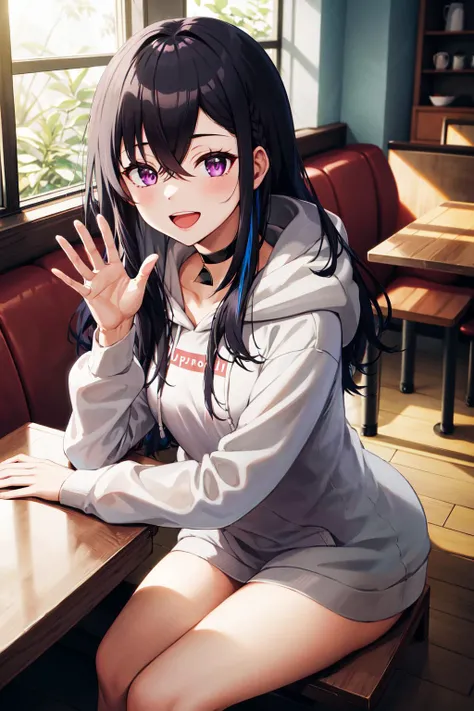 masterpiece, best quality, highres, aauruha, long hair, multicolored hair, black choker, white hoodie, hood down, bottomless, <lora:ichinose_uruha_v1:0.8>, waving, smile, open mouth, indoors, sunlight, sitting, cafe, windows