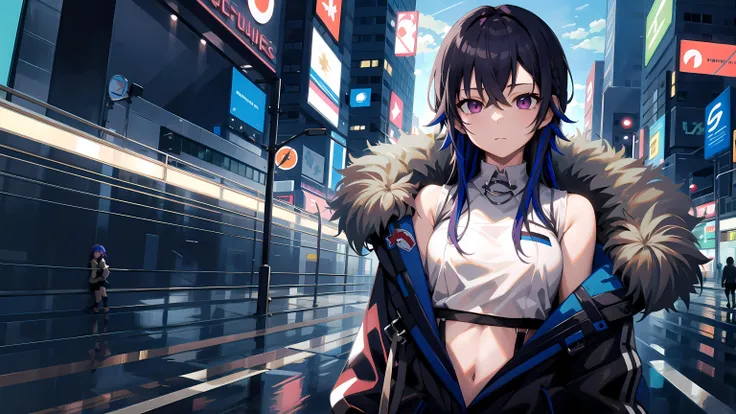masterpiece, best quality, highres,
bburuha,
long hair, multicolored hair,
ear piercing, sleeveless shirt, white shirt, black jacket, fur trim, off shoulder, long sleeves, open clothes, midriff,
black skirt,
<lora:ichinose_uruha_v1:0.8>,
city, cyberpunk, night sky,
1girl, looking afar, no expressions,