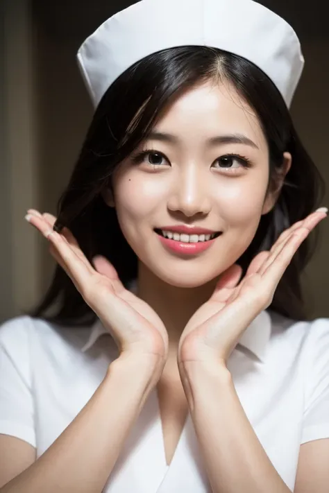 (medium shot), 1girl,(hands under chin:1.4), smiling beautiful Japanese female nurse wearing fitted nurse dress, beautiful detailed face, black hair, pale skin, realistic skin, detailed cloth texture, detailed hair texture, Perfect proportion, accurate, Anatomically correct, Highly detailed face and skin texture, modern hospital room, photorealistic