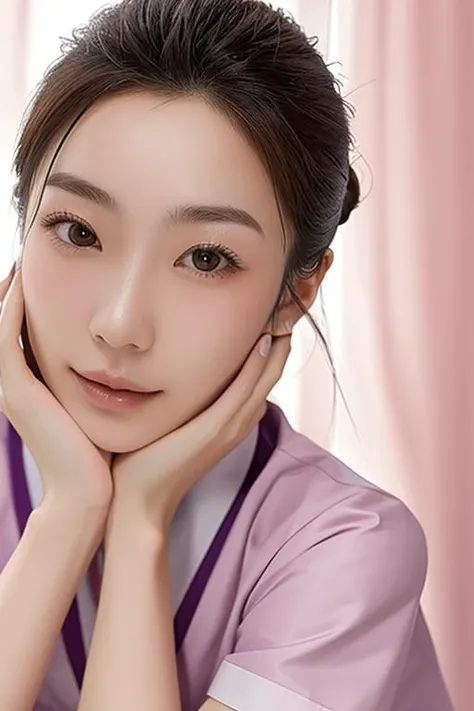 asterpiece, best quality, medium shot, ((1girl)), modern hospital, (hands under chin), happy, Beautiful Japanese female nurse wearing pink nurse uniform, beautiful detailed face, pale skin, realistic skin, detailed cloth texture, detailed hair texture, accurate, Anatomically correct, Highly detailed face and skin texture , looking at viewer