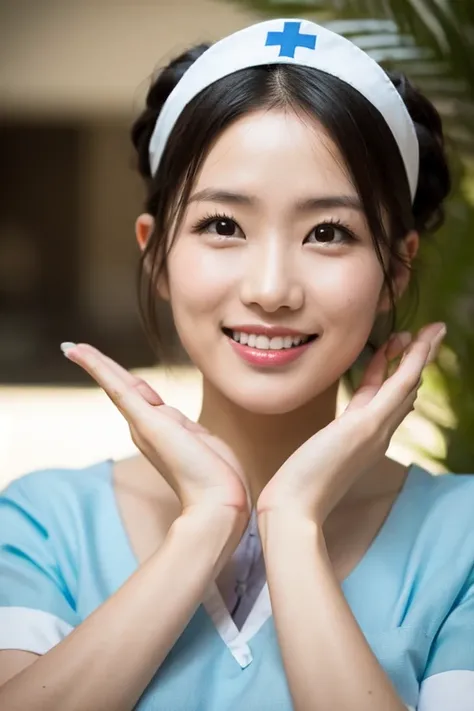  (medium shot), 1girl,(palms under chin:1.4), smiling beautiful Japanese female nurse wearing fitted nurse dress, beautiful detailed face, black hair, pale skin, realistic skin, detailed cloth texture, detailed hair texture, Perfect proportion, accurate, Anatomically correct, Highly detailed face and skin texture, modern hospital room, photorealistic
