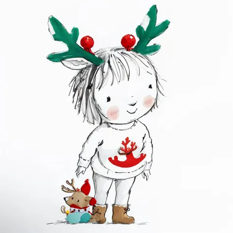 janemassey, massey, 
lineart, white background,illustration, cute, 2d,
1girl, solo, smile, short hair, simple background, white background, chibi, star (symbol), sweater, traditional media, christmas, antlers, christmas tree, reindeer antlers, reindeer,
 <lora:janemassey-04:1>