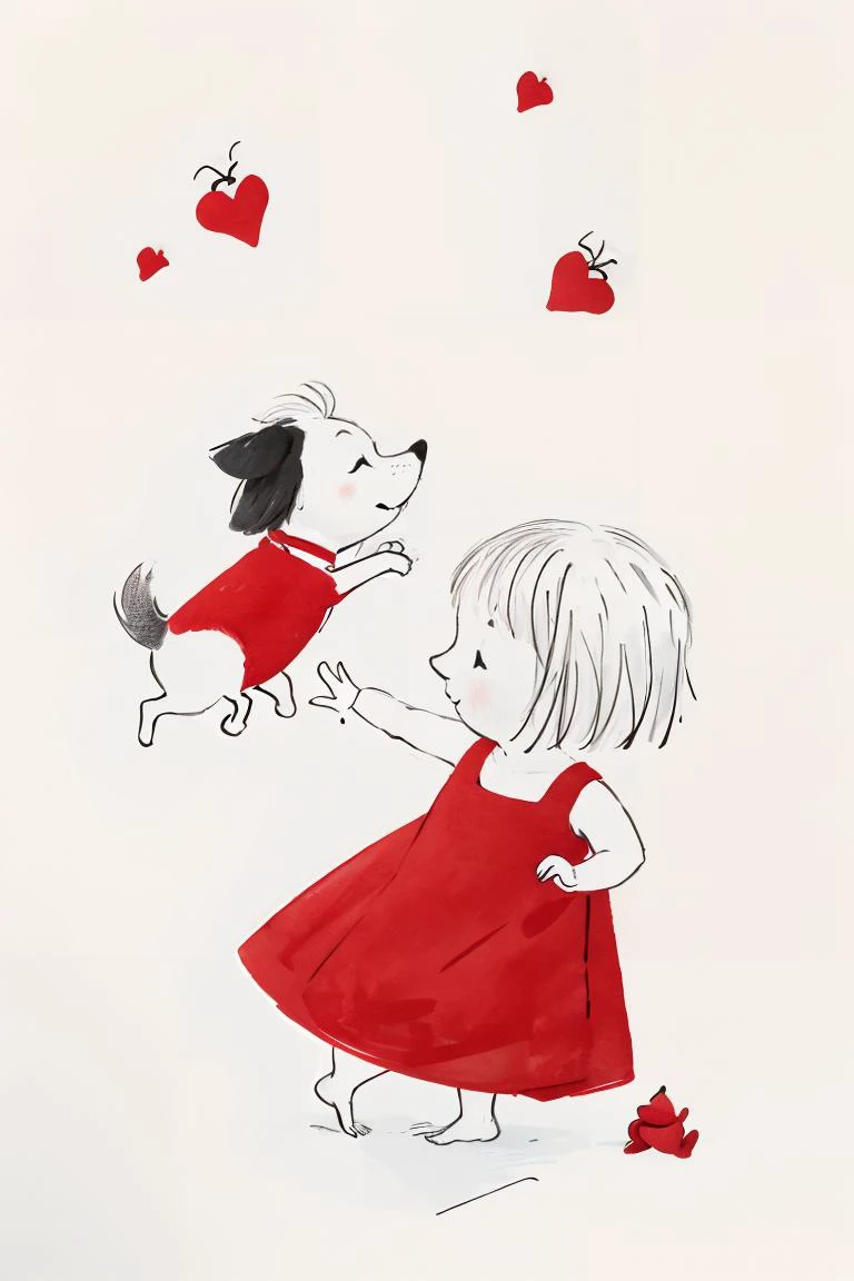 janemassey, massey, lineart, white background,illustration, cute, 2d,1girl, smile, simple background, white background, dress, closed mouth, closed eyes, heart, barefoot, sleeveless, from side, profile, sleeveless dress, animal, traditional media, red dress, outstretched arms, dog, ._.,<lora:janemassey-04:1.01>.chbi