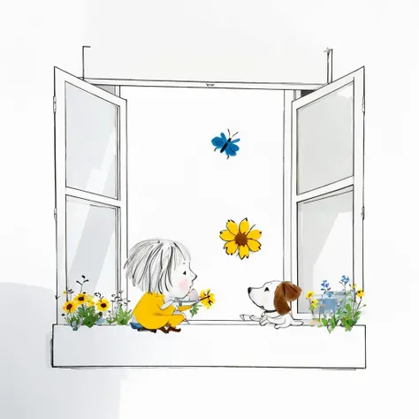 janemassey, massey, 
lineart, white background,illustration, cute, 2d,
1girl, solo, short hair, white background, flower, window, bug, plant, spot color, dog, yellow flower,
 <lora:janemassey-04:1>