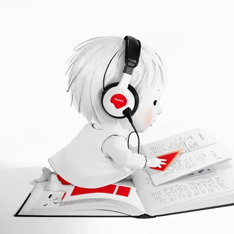 janemassey, massey,
lineart, white background,illustration, cute, 2d,
1girl, solo, short hair, simple background, white background, dress, monochrome, full body, white hair, lying, barefoot, chibi, from side, book, profile, headphones, red dress, on stomach, child, open book, reading,
<lora:janemassey-04:1>