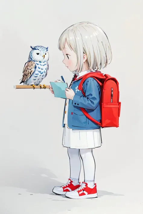 1girl, standing, light blue jacket, looking up, side view, sneakers, schoolbag, sketch,
a owl ,<lora:Kid_Illustration:0.75> janemassey, massey, ( lineart,white background,illustration, cute, 2d:1.4),