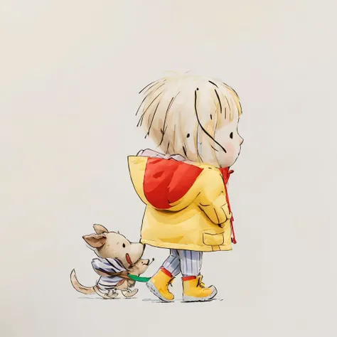 janemassey, massey,
lineart, white background,illustration, cute, 2d,
1girl, solo, blush, short hair, blonde hair, simple background, long sleeves, white background, holding, standing, full body, boots, striped, pants, artist name, signature, hood, from side, hoodie, profile, animal, traditional media, stuffed toy, stuffed animal, hood down, child, hooded jacket, walking, dog, striped shirt, yellow jacket, striped dress, yellow footwear, no mouth, hooded coat, baby, raincoat, yellow hoodie,
<lora:janemassey-04:1>