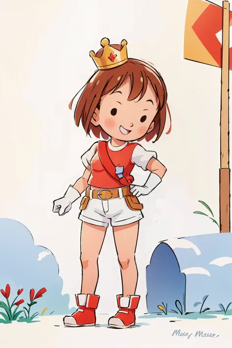 massey,
1girl, solo, smile, brown hair, gloves, standing, boots, shorts, belt, white gloves, signature, white footwear, crown, realistic, flag, salute, red shorts, red border, sexy, nsfw,
<lora:janemassey-04:1>
