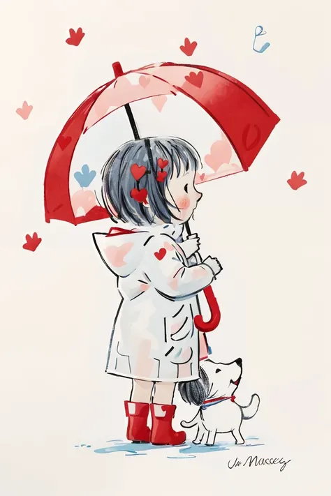 janemassey, massey, lineart, white background,illustration, cute, 2d,janemassey, massey, 1girl, simple background, long sleeves, white background, holding, standing, heart, boots, signature, hood, looking at another, from side, profile, shadow, animal, umbrella, hood down, red footwear, rain, dog, holding umbrella, transparent, limited palette, no mouth, rubber boots, raincoat,<lora:janemassey-04:0.8>,chibi