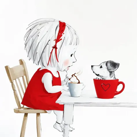 janemassey, massey,
lineart, white background,illustration, cute, 2d,
1girl, solo, short hair, open mouth, simple background, white background, dress, holding, animal ears, sitting, tail, monochrome, full body, heart, barefoot, hand up, signature, blunt bangs, chibi, from side, cup, profile, traditional media, short dress, red dress, table, bob cut, outstretched arm, motion lines, holding cup, furry, spot color, dog, dog tail, mug, limited palette, tail wagging, hatching (texture), coffee mug, ._., print mug,
<lora:janemassey-04:1.05>