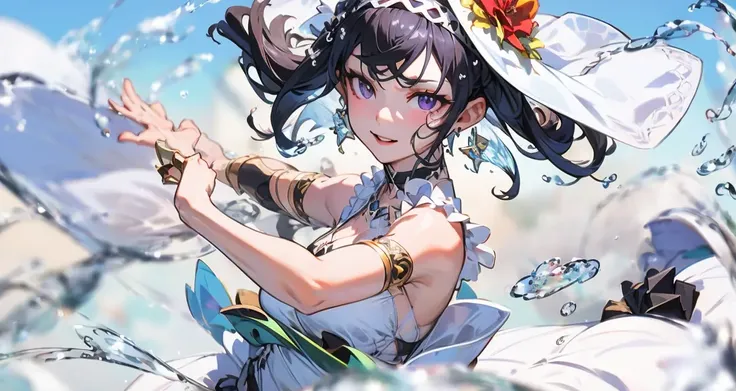 (masterpiece, sidelighting, finely detailed beautiful eyes: 1.2), masterpiece*portrait, realistic, 3d face, lustrous skin, solo, 1boy, water in hand, multicolored eyes, lshadow, black straight hair, purple eyes, eyelashes, blurry, upper body, dreamy (1girl, solo, looking_at_viewer, smile,bangs,jewelry, earrings,water,white kimono,hairband,beautiful detailed sky, Splashing water,sunlight,(cum drip), (semen pool), semen drip), (depth of field),(looking away), delicate eyes,sea,dynamic_angle, clear background <lora:waterpart:1:ALL> <lora:yomn:1:ALL>