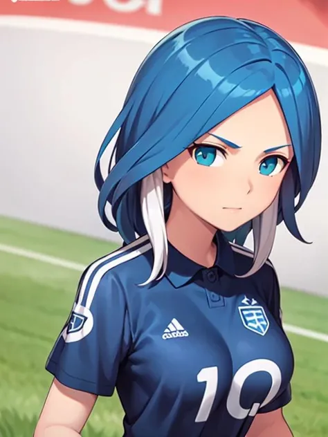 best quality,ultra detailed,looking at viewer,solo, <lora:Ulvida:0.8>,ulvida,dark-blue hair,white hair,two-tone hair,big breasts,soccer uniform,
standing,(front view,portrait),<hypernet:vaeextremecolors_v10:1.0>