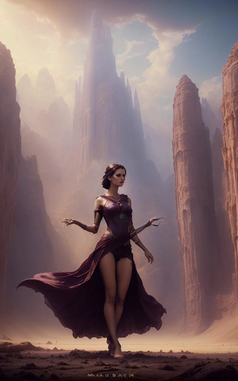 (style of Tom Bagshaw:1.5), (mythical cinematic establishing shot of gorgeous woman, highly detailed background:1.2), volumetric lighting, subsurface scattering, dynamic pose, (special effects, color grading, fantasy aura), (Mirage Weaver:1.4), (Small Perky breasts:0.81), Sandstorm, illusory oasis, desert attire, mystical sand creatures