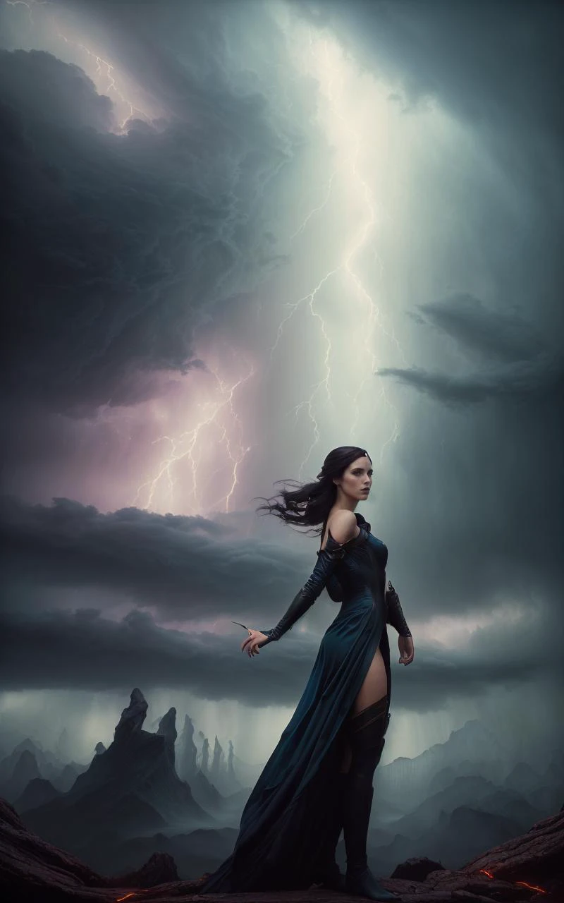 (style of Tom Bagshaw:1.5), (mythical cinematic establishing shot of gorgeous woman, highly detailed background:1.2), volumetric lighting, subsurface scattering, dynamic pose, (special effects, color grading, fantasy aura), (Stormcaller:1.4), (Medium Covered breasts:0.81), Thunderclouds, lightning bolt, tempest robes, commanding presence