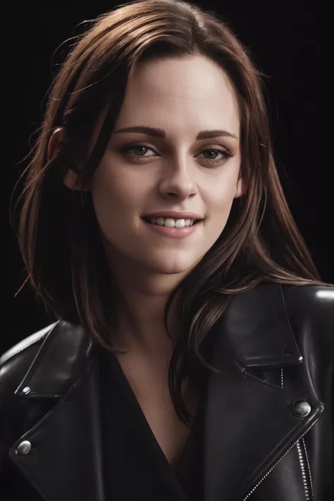 SFW, best quality, extra resolution, rare angle, close up portrait of (AIDA_LoRA_KristenBrunette:1.33) <lora:AIDA_LoRA_KristenBrunette_n0:0.6> as beautiful woman wearing leather coat, smiling, perfect teeth, naughty, flirting with camera, funny, happy, dynamic pose, dolly short, cinematic, studio photo, (black background:1.3), kkw-ph1, dark theme <lora:LowRA:0.2>