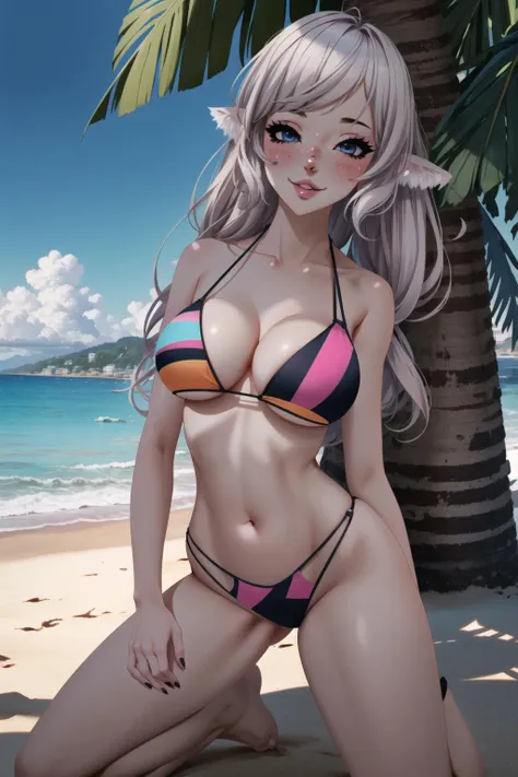 masterpiece, best quality, beautiful detailed eyes, deergirl, bikini, blush, smiling, parted lips, beautiful lips, (1girl), beautiful hair, blushing, white skin, beach, palm trees, colorful, ray tracing, perfect lighting, colorful lights, extremely detailed 8k wallpaper, (detailed background), perfect eyes, sexy pose, <lora:deergirl:0.7>