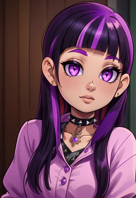 ((best quality)),  ((highly detailed)),  masterpiece,  ((official art)),  detailed face,  beautiful face,  (detailed eyes,  deep eyes,  intricately detailed,  hyperdetailed,  blurry background, depth of field, best quality,  masterpiece,  intricate details,  tonemapping,  sharp focus,  hyper detailed,  trending on Artstation, high res, official art, Kirara,  1girl,  bangs,  shirt,  black hair,  purple eyes,  purple hair,  multicolored hair,  choker,  blunt bangs,  collar,  two-tone hair,  lips,  streaked hair,  spikes,<lora:EMS-93-EMS:0.400000>,<lora:EMS-222676-EMS:0.800000>  <lora:detail_slider_v4:0.8> <lora:hairdetailer:0.8>
