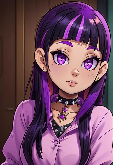 ((best quality)),  ((highly detailed)),  masterpiece,  ((official art)),  detailed face,  beautiful face,  (detailed eyes,  deep eyes,  intricately detailed,  hyperdetailed,  blurry background, depth of field, best quality,  masterpiece,  intricate details,  tonemapping,  sharp focus,  hyper detailed,  trending on Artstation, high res, official art, Kirara,  1girl,  bangs,  shirt,  black hair,  purple eyes,  purple hair,  multicolored hair,  choker,  blunt bangs,  collar,  two-tone hair,  lips,  streaked hair,  spikes,<lora:EMS-93-EMS:0.400000>,<lora:EMS-222676-EMS:0.800000>  <lora:detail_slider_v4:0.8> <lora:hairdetailer:0.8>