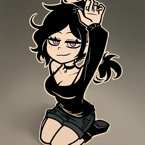 score_9,score_8,score_7,by nemlei,the coffin of andy and leyley,
1girl,ashley graves,black hair,pink eyes,ponytail,medium breasts,messy hair,
black shirt,bra strap,black choker,shorts,boots,long sleeves,black shorts,bare shoulders,collarbone,
expressionless,blush,smile,smug,
kneeling,from above,seiza,
looking at viewer,
simple background,gradient background,grey background,bedroom,bed,
pov,arms up,
<lora:ponyxl-the_coffin_of_andy_and_leyley-style-v03:1>
<lora:ponyxl-all_the_way_to_the_base-concept-v01:1>
<lora:looking_at_viewer:4>