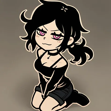 score_9,score_8,score_7,by nemlei,the coffin of andy and leyley,
1girl,ashley graves,black hair,pink eyes,ponytail,medium breasts,messy hair,
black shirt,bra strap,black choker,shorts,boots,long sleeves,black shorts,bare shoulders,collarbone,
expressionless,blush,smile,smug,
kneeling,from above,seiza,
looking at viewer,
simple background,gradient background,grey background,bedroom,bed,
<lora:ponyxl-the_coffin_of_andy_and_leyley-style-v03:1>
<lora:ponyxl-all_the_way_to_the_base-concept-v01:1>