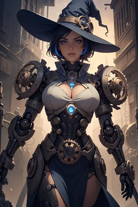 (Masterpiece, best quality:1.2),professional work,extremely detailed,high quality,16K,highres,ultra details,finely detail,an extremely delicate and beautiful,extremely detailed,vibrant color,dominating,biochemical cybernetic ung witch,steampunk clockwork witch hat,cybernetic style witch dress,stray hair,magical aura,dynamic pose,(fractal art:1.5, zentangle:1.1),(epic composition, epic proportion),(gears background),mechanical parts,robot joints,headgear,full armor,mechanical parts,robot joints,headgear,full armor,mecha musume,<lora:GoodHands-beta2:1>