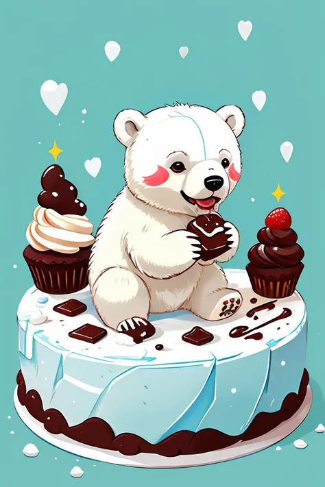 master piece,high quality,A polar bear,eating chocolate cake on ice,<lora:J_illustration:0.8>,chibi,
